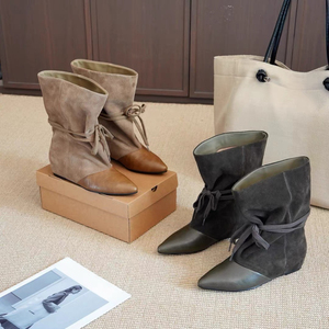 Bottines pour femme kaki à bout pointu, tige souple, détail à nouer, talon <span class=keywords><strong>compensé</strong></span>, bicolores camel et <span class=keywords><strong>beige</strong></span>, élégantes et décontractées - Product Image 4