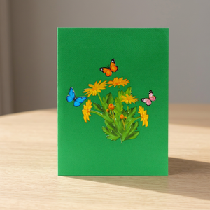 Carte de vœux florale 3D pop-up faite à la main, fleurs de marguerite jaunes, papillons, art de la découpe de papier, artisanat, forme personnalisée, design découpé à la forme - Product Image 6