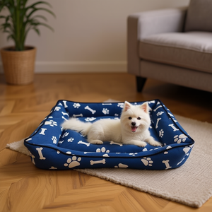 Set Cuccia per Cani di Alta Qualità in Cotone Spesso, Tre Pezzi con Fondo Blu e Motivo a Ossa per Letti per Animali - Product Image 3