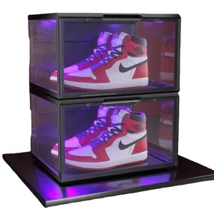 Clear Transparent Display Sound Control Stackable Acrylic Custom Sneaker Storage Logo Side Open Magnetic Led Shoe Box With Light