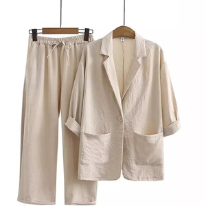 Women's Cotton and <b>Linen</b> Pockets Suit Pants Loose Casual 2-piece <b>Set</b> Fashion - Product Image 3