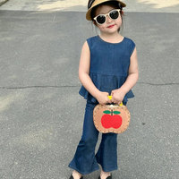 Ensembles de vêtements pour enfants de la boutique d'été 2024, couleur unie, veste à simple boutonnage, pantalon évasé, deux pièces, vêtements pour filles