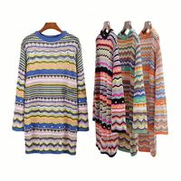 M0578 Rajutan Wanita Kerah Bulat Motif Garis Pelangi Model Panjang Sedang Sweater Wanita Lengan Panjang Gaun Rajutan