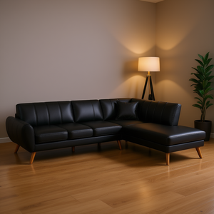 Divano Componibile a L in Ecopelle, Design Moderno Mid-Century, Arredamento per Soggiorno con Schienale Trapuntato e Gambe in Legno - Product Image 2