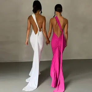Gaun panjang bahu tanpa lengan polos pas badan berlipat punggung terbuka seksi musim panas 2023
