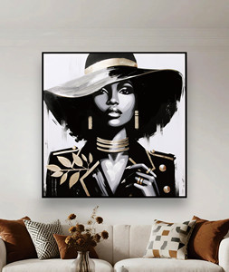 Cuadro <span class=keywords><strong>de</strong></span> Arte Mural Elegante Personalizado: Dama Negra con Sombrero con Detalles en Oro, Pintura <span class=keywords><strong>al</strong></span> Óleo <span class=keywords><strong>de</strong></span> Mujer Africana, Retrato Estilizado - Product Image 2