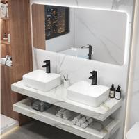 Centurymosaic Meuble-lavabo mural blanc à double vasque en pierre frittée avec miroir intelligent