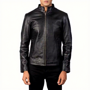 <b>Mens</b> Real Black Leather <b>Jacket</b> Stand Collar Full Zip Side Pockets Sheepskin Biker Coat Custom Minimalist Winter Outerwear - Product Image 1