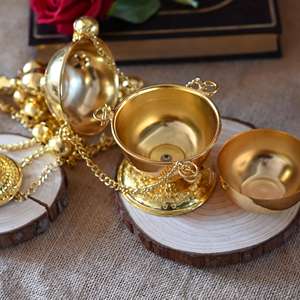 Incensario Colgante Ortodoxo Oriental HT, Incensario de Aleación de Zinc Dorado con Cadena y Campanas con Cruz Ortodoxa - Product Image 4