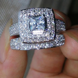 Ensemble de bijoux de mariée en diamant taille princesse F913, bijoux fins de luxe géométriques pour femmes, bijoux de fiançailles - Product Image 1