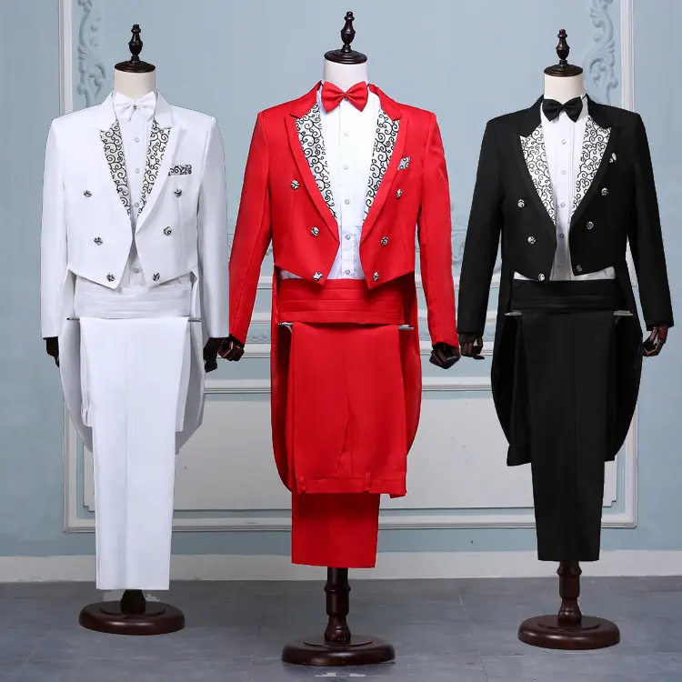 कस्टम पुरुष इंग्लैंड शैली के प्रदर्शन जैक्वार्ड लैपल टेल कोट की पोशाक पहने गायक ट्यूक्सेडो सूट