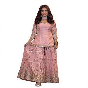 Traditional <b>Indian</b> Pakistani Women's lIGHT PINK Silk <b>Kurta</b> Set With Floral Embroidery Floor-Length Wedding Wear Regular Fit - Product Image 1