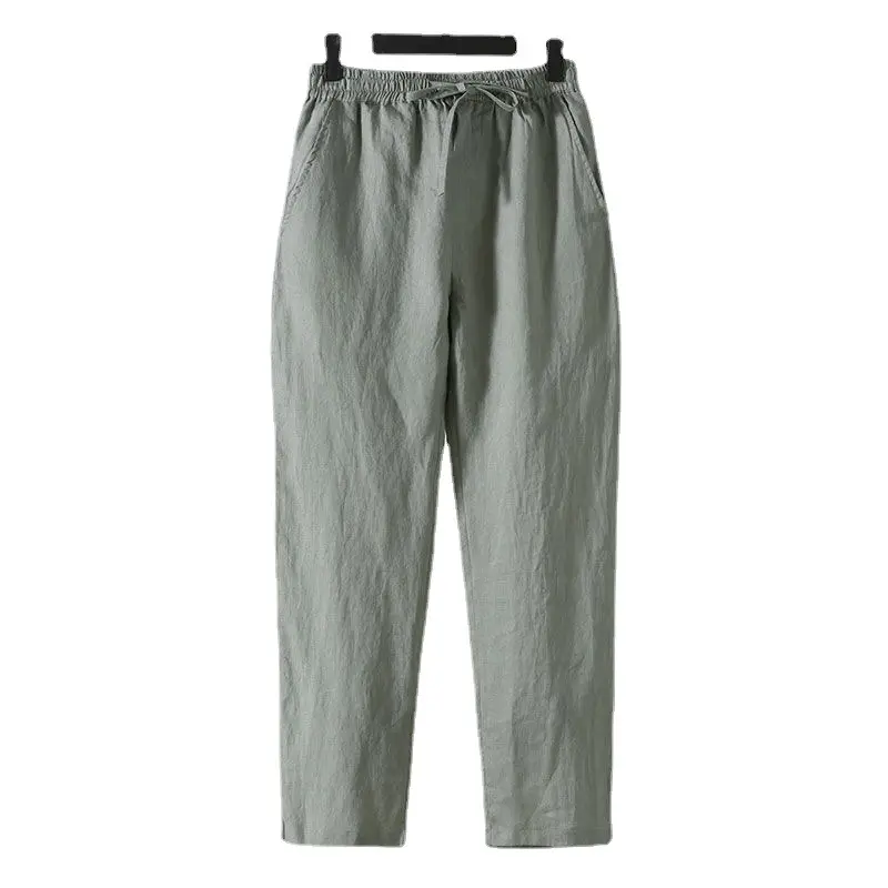 Holesale-pantalones de lino finos y holgados para hombre, calzas informales recortadas de algodón y lino de gran tamaño, estilo hinese