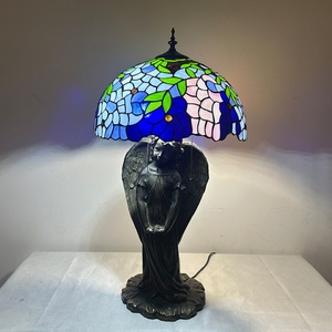 LongHuiJing European <b>Simple</b> for Lamp Stained Glass Bedside Table Lamp Wisteria Blue Style Reading <b>Desk</b> Light With Angel Base LED - Product Image 3