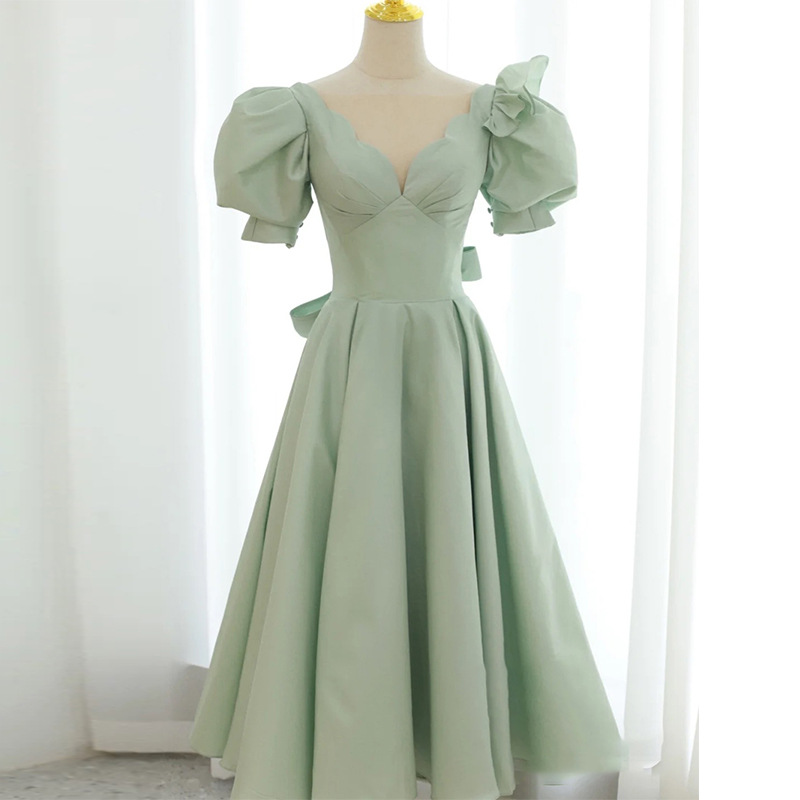 Night Out Elegance: 2021 Ice Green V-Neck Tea-Length Evening Gown with Puffy Sleeves - Perfect for Homecoming and Prom Night Out Elegance: 2021 Ice Green V-Neck Tea-Length Evening Gown with Puffy Sleeves - Perfect for Homecoming and Prom