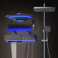 Ensemble de douche mural moderne et minimaliste en laiton à poignée unique, avec bouton numérique intelligent, lampe d'ambiance et barre coulissante pour salle de bain d'hôtel