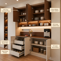 Buffet de salle à manger sur mesure pour toute la maison avec armoires supérieures en noyer et casier à vin LED |   Unité murale intégrée |   OEM