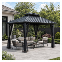 Pergola de jardin extérieure avec moustiquaire, double toit, grande pergola de jardin 8*10 pieds, gazebo en aluminium à toit rigide avec rideaux et moustiquaire