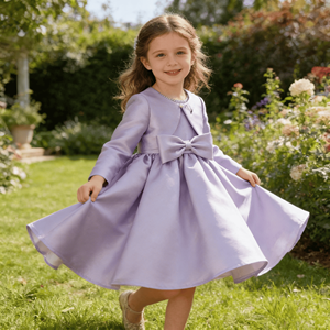 Abito da festa <span class=keywords><strong>lilla</strong></span> a maniche lunghe per bambina, con fiocco, in raso, modello A-line, per damigella d'onore - Product Image 1