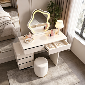 Coiffeuse moderne blanche avec miroir LED, meuble de rangement et tabouret pour chambre à coucher - Product Image 6
