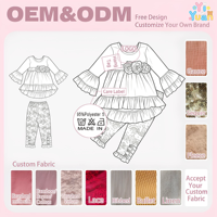 Ensemble 2 pièces pour petites filles, style Thanksgiving, avec haut tunique à manches cloche et volants, et leggings à volants imprimé dinde, collection automne, vêtements de boutique OEM ODM