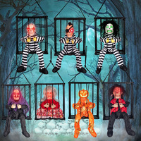 Décoration d'Halloween suspendue : Fantôme en plastique dans une cage, jouet électrique avec tête extensible, effrayant, lumineux et sonore, sorcière prisonnière