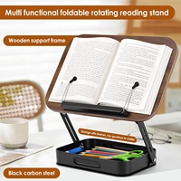 Support de livre en bois rotatif à 360°, réglable en hauteur, pliable, portable, avec clip latéral et espace de rangement pour livre de cuisine, recettes, ordinateur portable