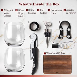 Set de Regalo Corporativo con Logotipo Personalizado, <span class=keywords><strong>Copas</strong></span> de Vino Tinto sin Tallo <span class=keywords><strong>Grabadas</strong></span>, Abridor y Tapón de Vino de Madera, Elegante Caja de Regalo - Product Image 3