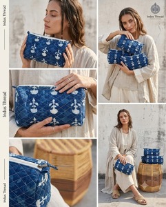 Handmade Fashion Blue <b>Quilted</b> Cotton Large Cosmetic <b>Bag</b> Geometric Print <b>Makeup</b> Pouch Zipper for Case Travel Organizer - Product Image 4
