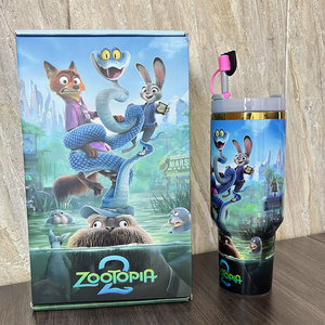 Gobelets isothermes à double paroi avec logo personnalisé, motif animaux de zoo amusants (renard, lapin), avec boîte cadeau - Product Image 5