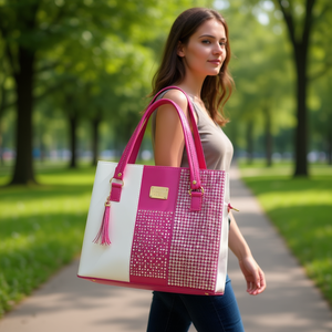 Bolso Tote Casual para Mujer Fana Irem, Diseño Color Block con Pedrería, Forro de Cuero Genuino, Asas Superiores, Cierre con Cremallera - Product Image 2