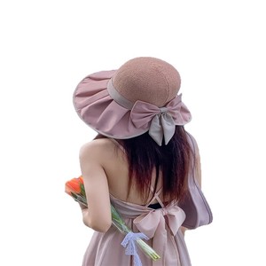 Fisherman Sun Hat With Bow Patchwork Breathable Cotton <b>Bucket</b> Hat For Women Outdoor Beach Sun Protection Hat Solid Color - Product Image 5