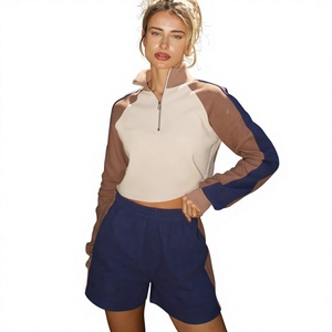 Conjunto Deportivo de 2 Piezas para Mujer, Color Block, Top Corto de Manga Larga de Punto Acanalado y Pantalones Cortos Elásticos, Ropa Casual de Primavera/Verano - Product Image 4