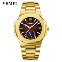 Jam Tangan Pria YHMEI Logo Kustom Baru, Quartz, Dial Fase Bulan, Tahan Air, Tali Baja Anti Karat, Jam Tangan Bisnis dengan Kotak Hadiah