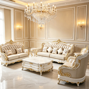 Ensemble de canapés en cuir véritable de luxe européen, 3 places, <span class=keywords><strong>2</strong></span> places, fauteuil, cadre en bois sculpté doré, salon, style classique palais - Product Image 5