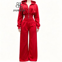 Ensemble décontracté 2 pièces Jiubaju pour femme : sweat à capuche zippé, veste courte à manches longues et pantalon droit élastique – Survêtement tendance pour l'automne