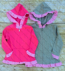 Monogramma ragazze volant Gingham rifinitura Full Zip <span class=keywords><strong>giacca</strong></span> con cappuccio abbigliamento per bambini inverno <span class=keywords><strong>camicia</strong></span> a maniche lunghe con tasca - Product Image 5