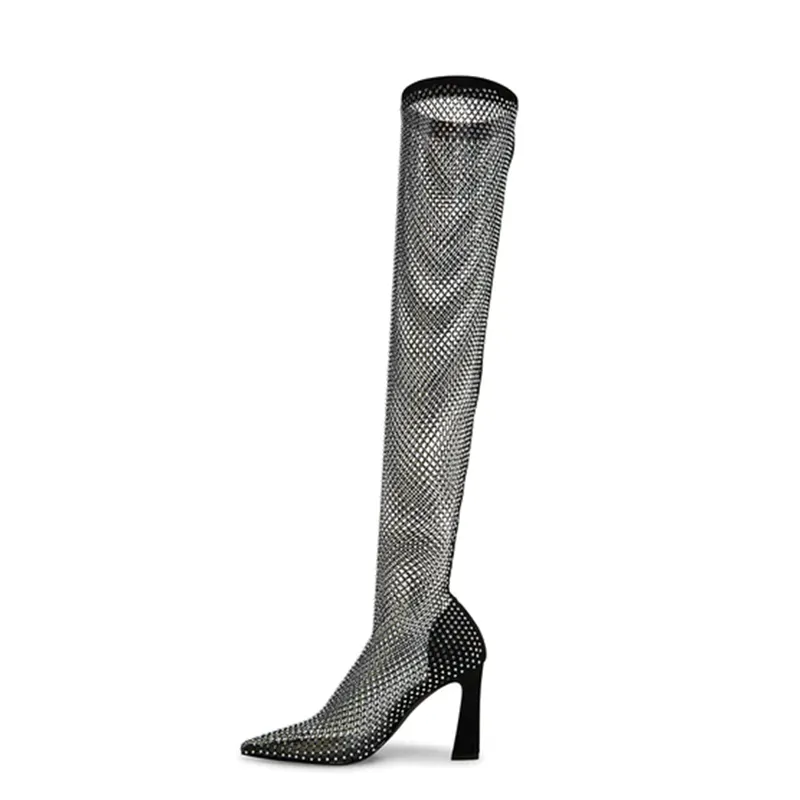 Designer women's boots pointed toe stiletto rhinestones summer boots wholesale Mesh boots