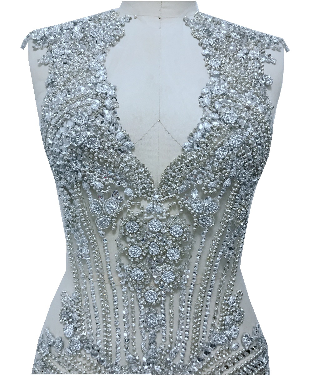 Заводская цена высокое качество блестящий хрустальный лиф со стразами серебряная и белая сетчатая аппликация для вечернего платья