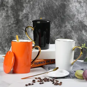 Tasse de luxe en céramique, cuillère dorée, en céramique, couvert, à bord doré, 1 pièce, idée cadeau, vente en gros