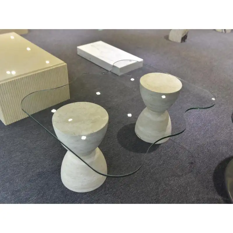 SHIHUI, muebles de sala de estar de piedra Natural, diseño de base de travertino, mesa de centro de mármol con tapa de vidrio templado de gama alta a la venta