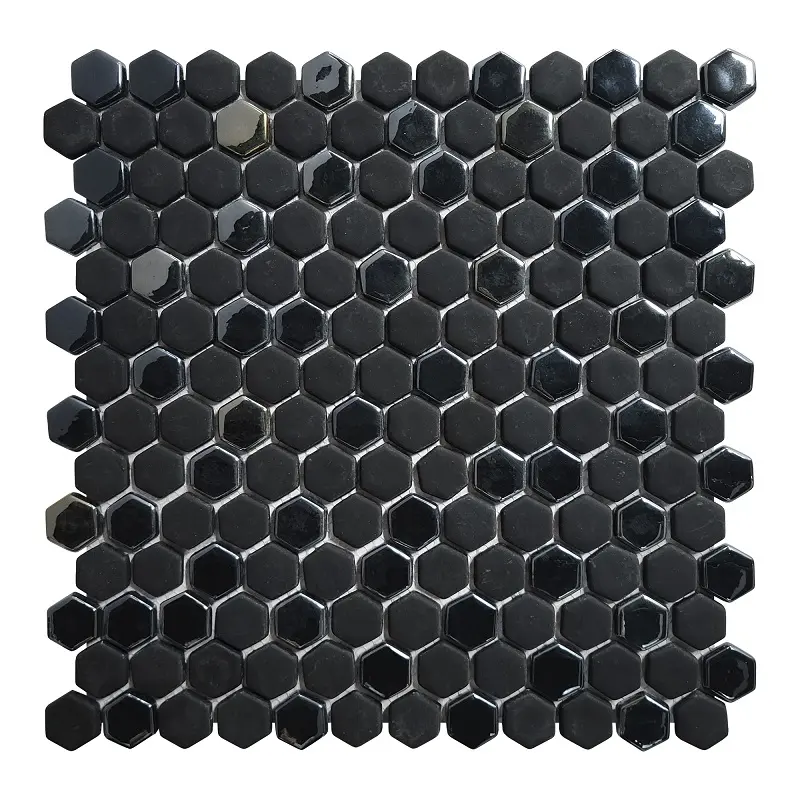 Sunwings Recycled Glass Mosaic Tile | Stock in US | Black Hexagon Irridiscent Mosaics Wall And Floor Tile