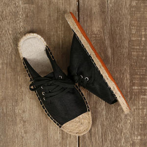 Sandales plates transfrontalières à bout ouvert, cousues à la main en paille, absorbantes et respirantes, avec semelle en caoutchouc, pantoufles d'automne en tissu - Product Image 2