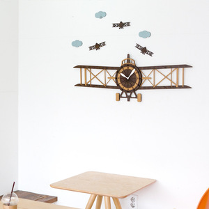 Wooden Airplane <b>Wall</b> <b>Clock</b> Biplane <b>Design</b> Battery Powered For Living Room Decor - Product Image 3