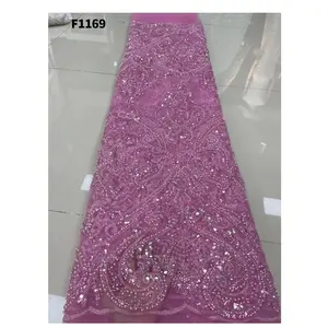 Brand New Pink tulle with Crystal sequin beaded Embroidery lace Bridal Wedding Heavy Luxury Fabric for party dress Inmyshop