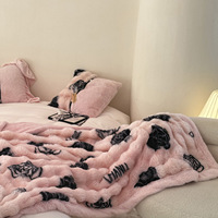Plaid luxueux en fausse fourrure de lapin écologique, doux, tricoté, imprimé de roses, rose pêche, uni, pour la décoration intérieure
