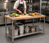 Table de préparation en acier inoxydable avec plateau en bois, prix d'usine, pour boucherie, restaurant, traiteur, charcuterie, station de travail pour la transformation alimentaire