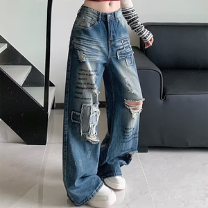 Jeans en denim déchiré brodé <span class=keywords><strong>avec</strong></span> patch Y2K, imprimé graffiti vintage, jeans pour femmes, style élégant, franges croisées, pantalon baggy - Product Image 5