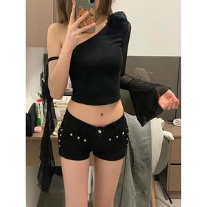 กางเกงขาสั้นผ้ายีนส์เอวสูงยกสะโพกตรงของผู้หญิงสำหรับฤดูร้อน2025พร้อมหมุดย้ำสไตล์สาวฮอตสำหรับไนท์คลับ - Product Image 1