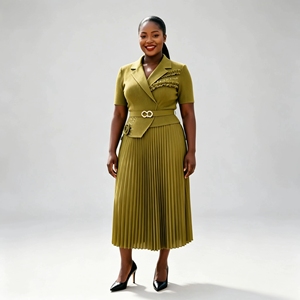 Robe plissée style blazer en gros avec revers cranté, accent floral 3D, <span class=keywords><strong>ceinture</strong></span> à <span class=keywords><strong>boucle</strong></span> métallique, grande taille, style Miyake - Product Image 1